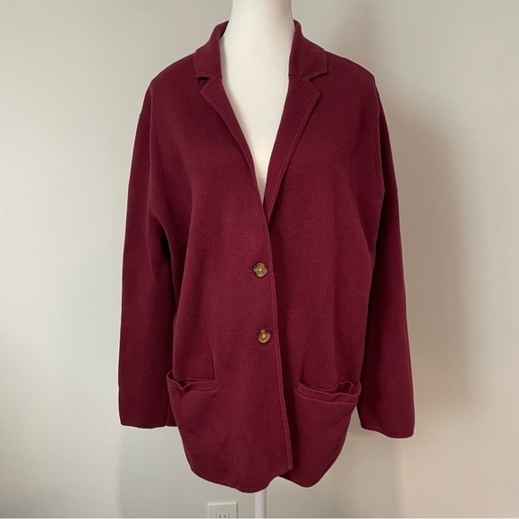 Lands' End Jackets & Blazers - Lands End Knit Sweater Blazer Burgundy Classic Cotton Size XL 18